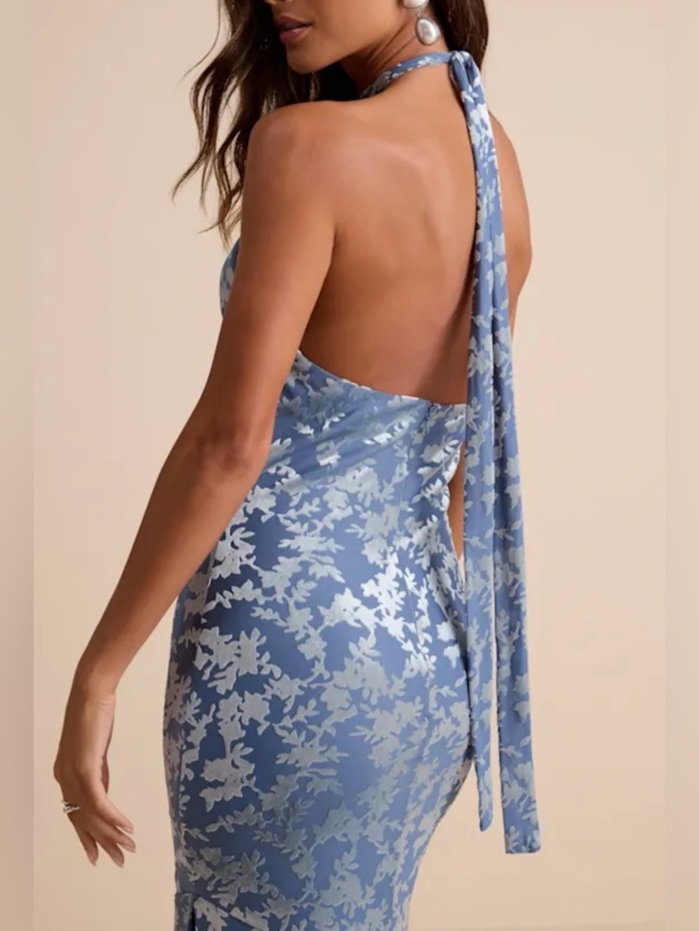 Lulus Sharon Slate Blue Velvet Burnout Halter Maxi Dress - Size XL - Picture 2 of 7